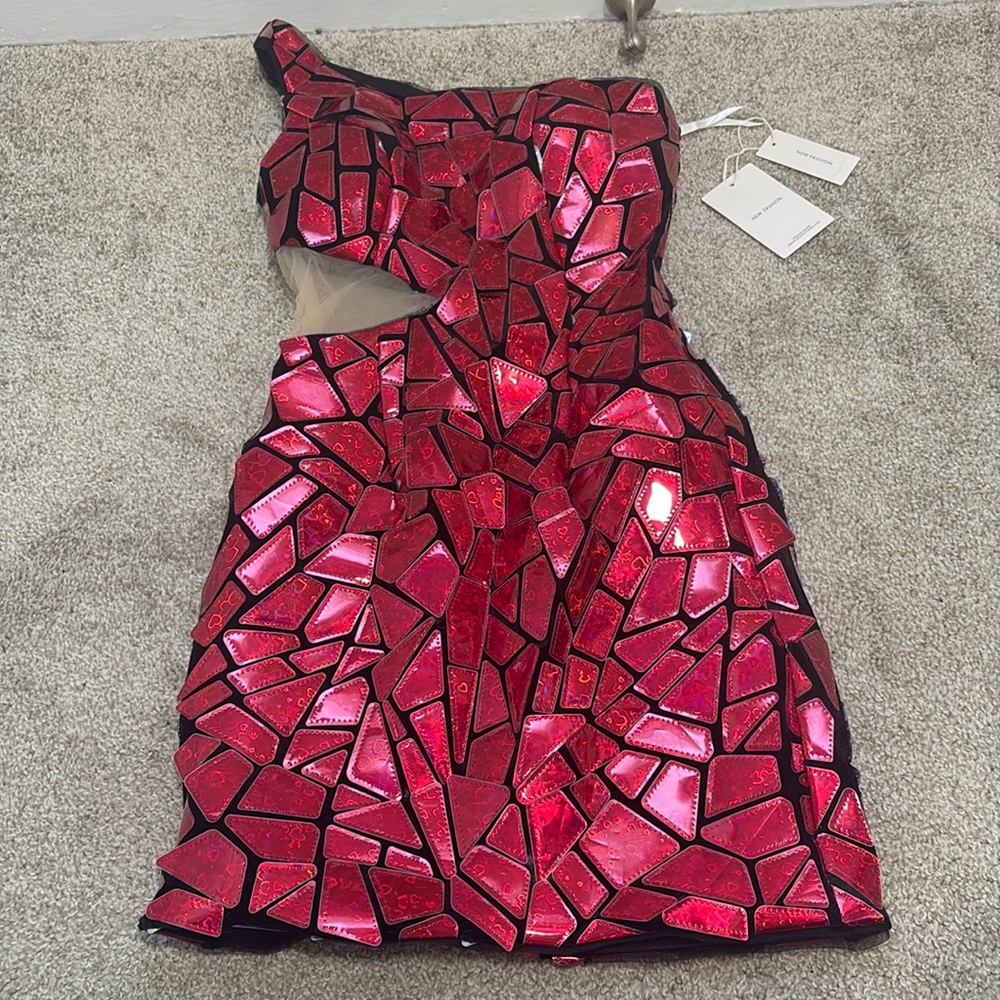 Sparkly “glass” effect mini off the shoulder dress